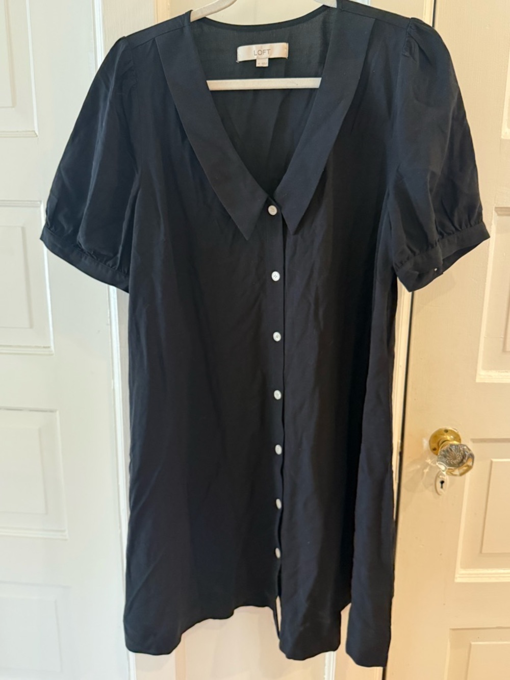 LOFT Black Button-Front Short Sleeve Tunic Dress